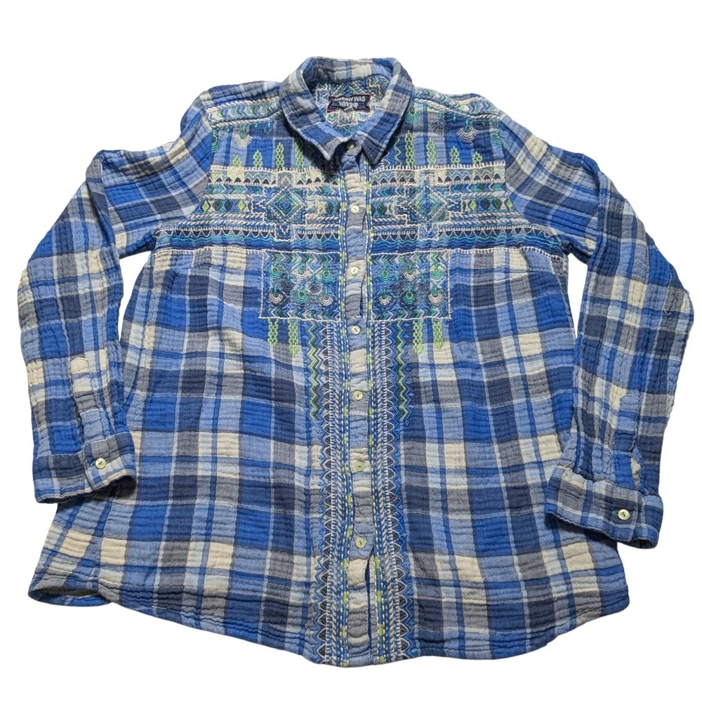 Johnny Was Workshop Blue Plaid Embroidered Gauze Button Up Shirt Large